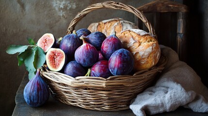 Rustic Still Life: Figs and Bread in a Wicker Basket