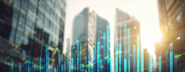 The digital financial growth chart overlaying a modern city skyline.