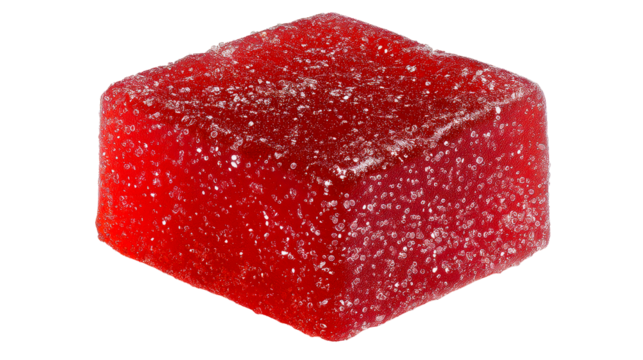 Single red square jelly candy dusted with sugar on transparent background