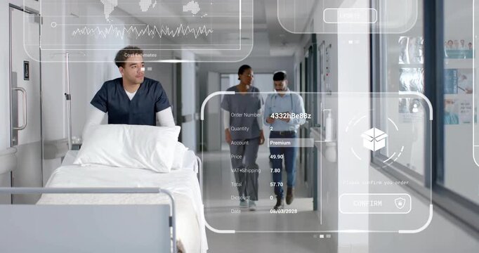 IT assistant tapping tablet updating order ETA while nurse clinician viewing calendar map overlays