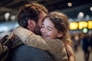 Parents welcoming child home at international terminal, hugging and smiling, heartwarming airport pickup moment.