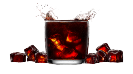 Dark liquid beverage splash with ice cubes in glass