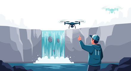 A man operating a drone near a waterfall showcases modern technology in nature adventure exploring scenic views with a high tech device