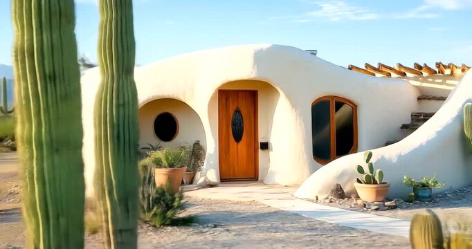 Unique curved adobe house in a desert landscape with mountains and blue sky