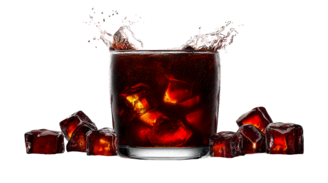 Dark liquid beverage splash with ice cubes in glass