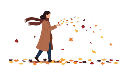 A woman in a brown coat enjoys the beauty of falling autumn leaves creating a captivating seasonal scene