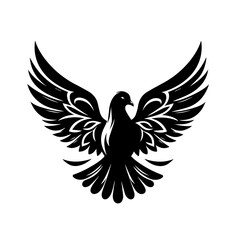 Obraz premium A black and white illustration of a dove with its wings spread wide open isolated on white background