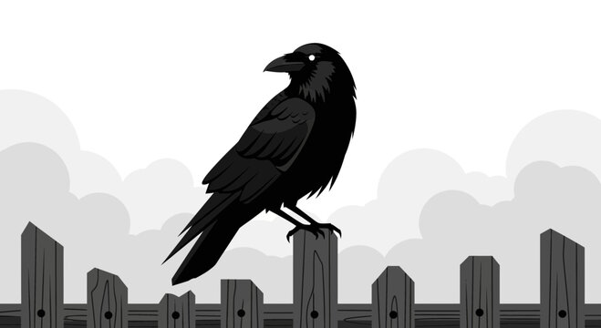 A minimalist vector illustration of a crow perched on a wooden fence under a cloudy sky