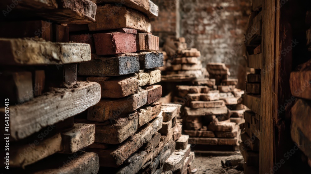 Poster stacked bricks in an old workshop with rustic charm and texture