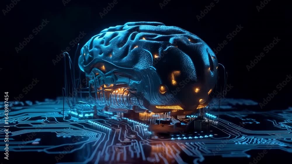 Poster detailed 3d rendering of human brain integrated with circuit board, glowing with blue and orange lig