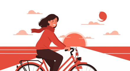 A woman is riding a bicycle on the road with a sunset in the background flat design illustration, calm and serene atmosphere
