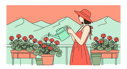 Obraz premium A woman is watering her plants on her balcony, with a scenic mountain view and a peaceful atmosphere