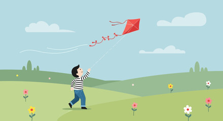 A young boy enjoys flying a red kite in a beautiful meadow illustration