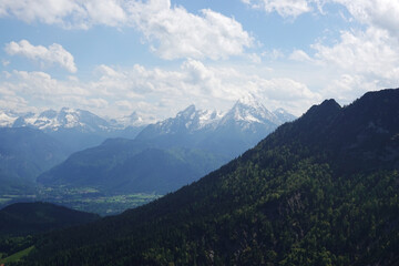 The panorama of Watzmann mountain opening from Untersberg, the Bavarian Alps, Germany