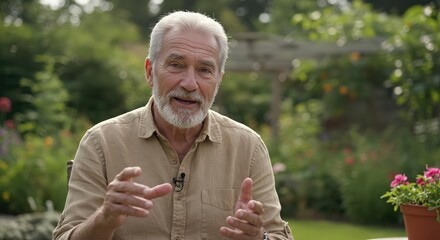 Fototapeta premium Smiling elderly man engaging in conversation in a garden