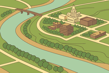 Naklejka premium Overhead view of a border customs checkpoint with inspection lanes, freight trucks, and scanning units in modern flat illustration style.