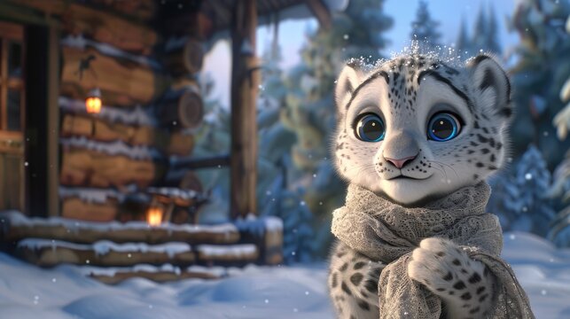 a cute baby snow leopard wearing a white scarf - Powered by Adobe