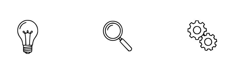 Set of icons lightbulb, magnifying glass, and gears isolated on white background