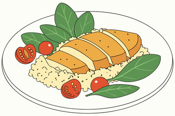 Roasted chicken breast with quinoa, cherry tomatoes, and spinach leaves on a clean white background, modern flat illustration style.