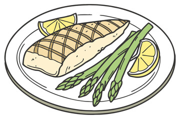 Grilled sea bass fillet with asparagus and lemon wedges on a white plate, representing healthy gourmet seafood, modern flat illustration style.