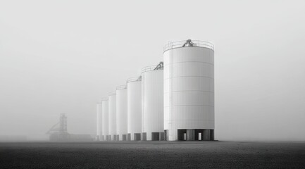 Obraz premium Monochromatic photograph of five tall, cylindrical grain silos in a foggy field, diminishing in size towards a distant, indistinct structure