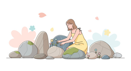 A Serene Cartoon Illustration: Woman Amongst Rocks and Flowers in Pastel Hues and Gentle Colors