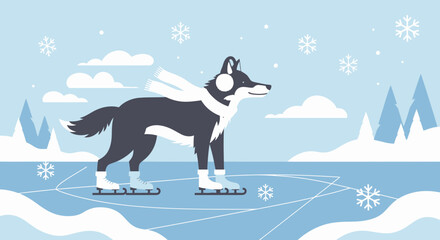 A charming cartoon illustration depicting a wolf ice skating in a winter wonderland scene