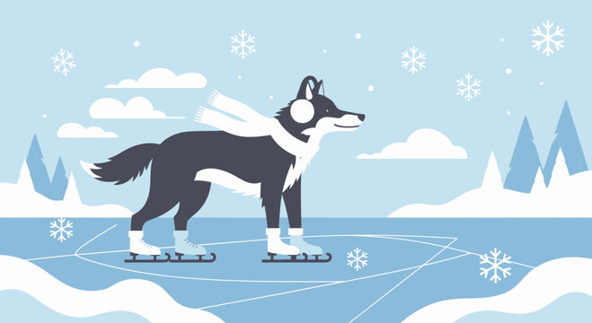 A charming cartoon illustration depicting a wolf ice skating in a winter wonderland scene