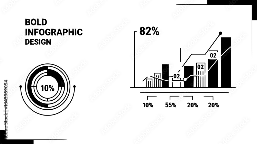 Aufkleber bold infographic design with circular chart and bar graph showing business growth isolated on white 