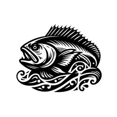 Stylized fish illustration with tribal wave design isolated on white background