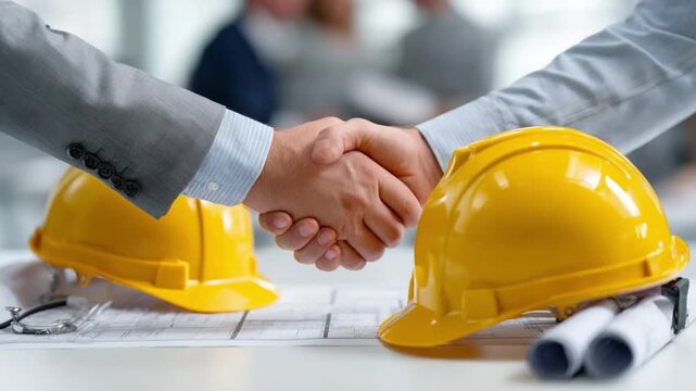 Constructing Partnership: A decisive handshake seals a deal, signifying a new partnership in the construction industry, the scene highlighted by safety helmets and blueprints