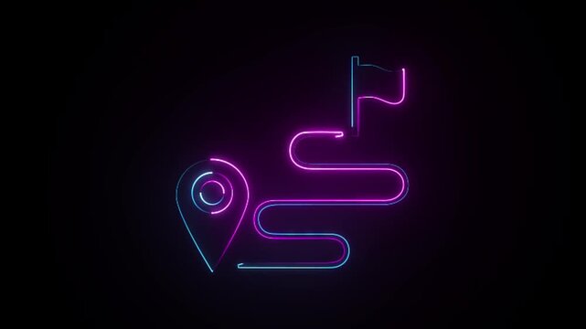 Neon Road map Milestone with Flag Icon &ndash; Glowing Goal Achievement and Strategic Checkpoint on a black background animation