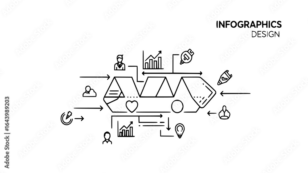 Aufkleber infographic design with business process flow and data charts isolated on white background