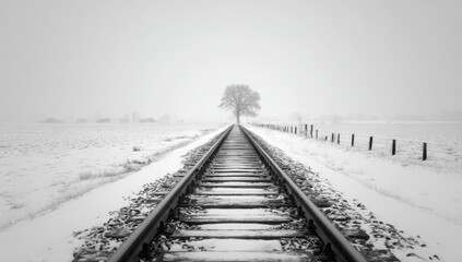 Monochromatic winter scene of a snow-covered railway track vanishing into the fog towards a solitary tree