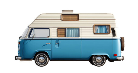 Vintage blue camper van side view for road trips.