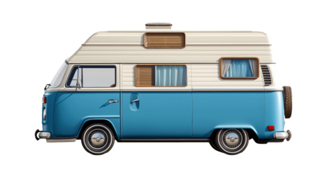 Vintage blue camper van side view for road trips.
