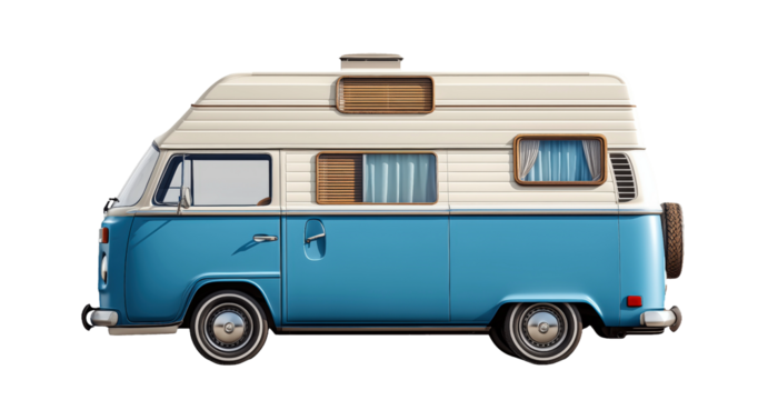 Vintage blue camper van side view for road trips.