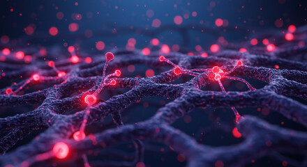 Abstract visualization of a graphene-like structure with glowing red nodes connected by thin lines, set against a blurred blue background with bokeh.