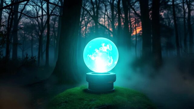Glowing magic ball in the forest, fantasy and mysticism concept, glass ball predicting the future
