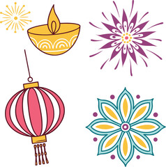 Obraz premium Colorful collection of hand-drawn Diwali festival symbols