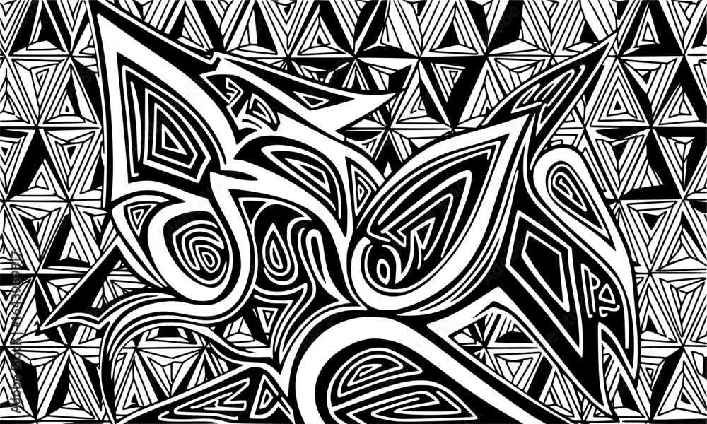 Poster intricate black and white abstract line art with geometric background pattern