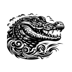An alligator head isolated on white background with a swirling design around it