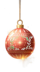 Elegant Red and Gold Christmas Ornament; Festive Holiday Decoration with Sparkling Lights;  Winter Season Design Element.