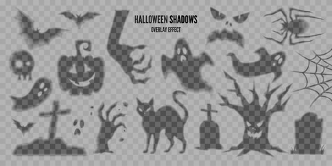 Set of Halloween transparent shadows, overlay effect. Scary faces, spooky monster hands, ghosts, spider, bats, pumpkin, spider web, cat, gravestones illustrations. Isolated vector decoration elements.
