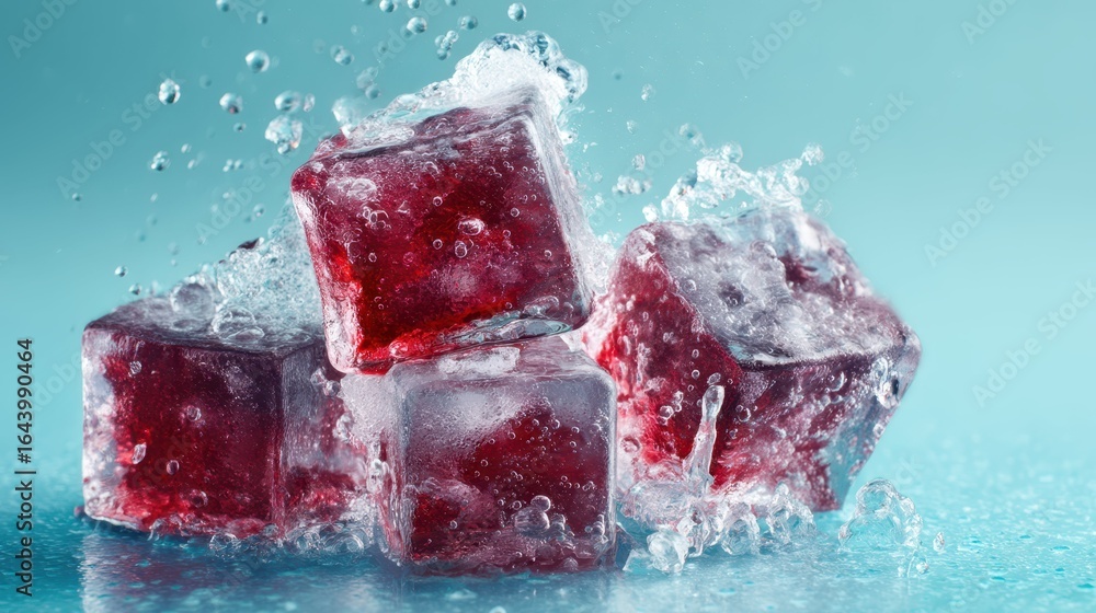 Aufkleber stacked ice cubes in refreshing drink with splashes and bubbles