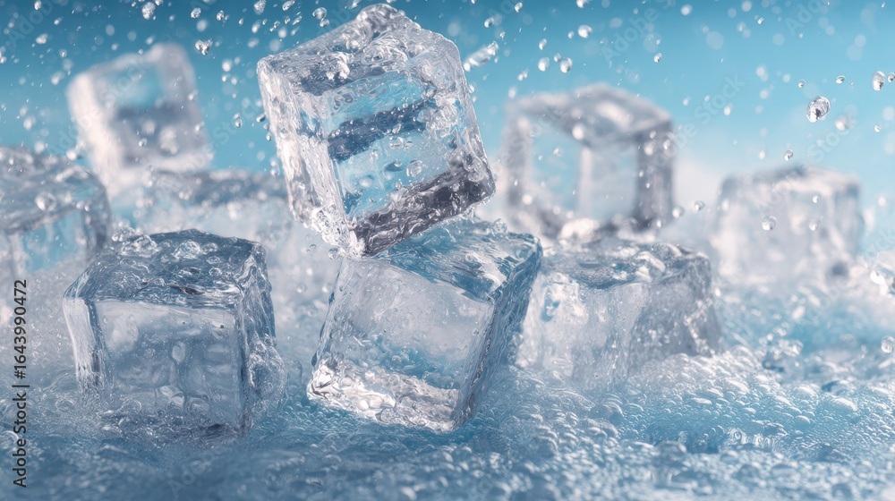 Poster stacked ice cubes in refreshing drink with droplets on surface