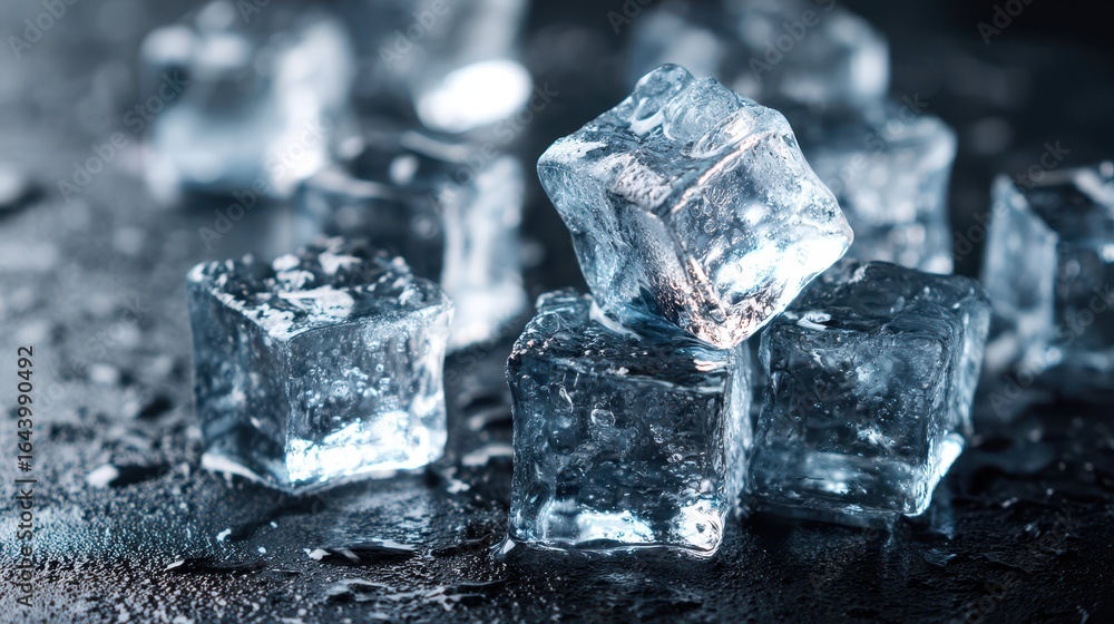 Poster stacked ice cubes for refreshing drink on dark background