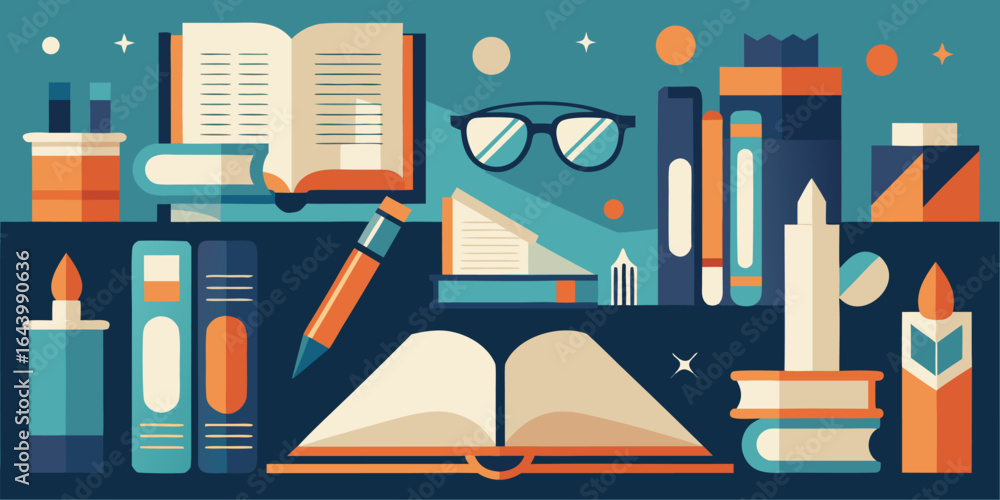 Poster Seamless background pattern of open books and reading glasses
