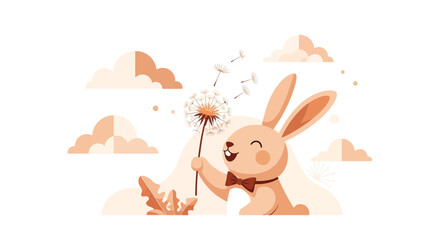 Fototapeta premium Adorable bunny blowing dandelion seeds on a dreamy sky background in gentle peach tones