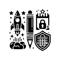 Rocket launch, pencil, calendar, and shield isolated on white background